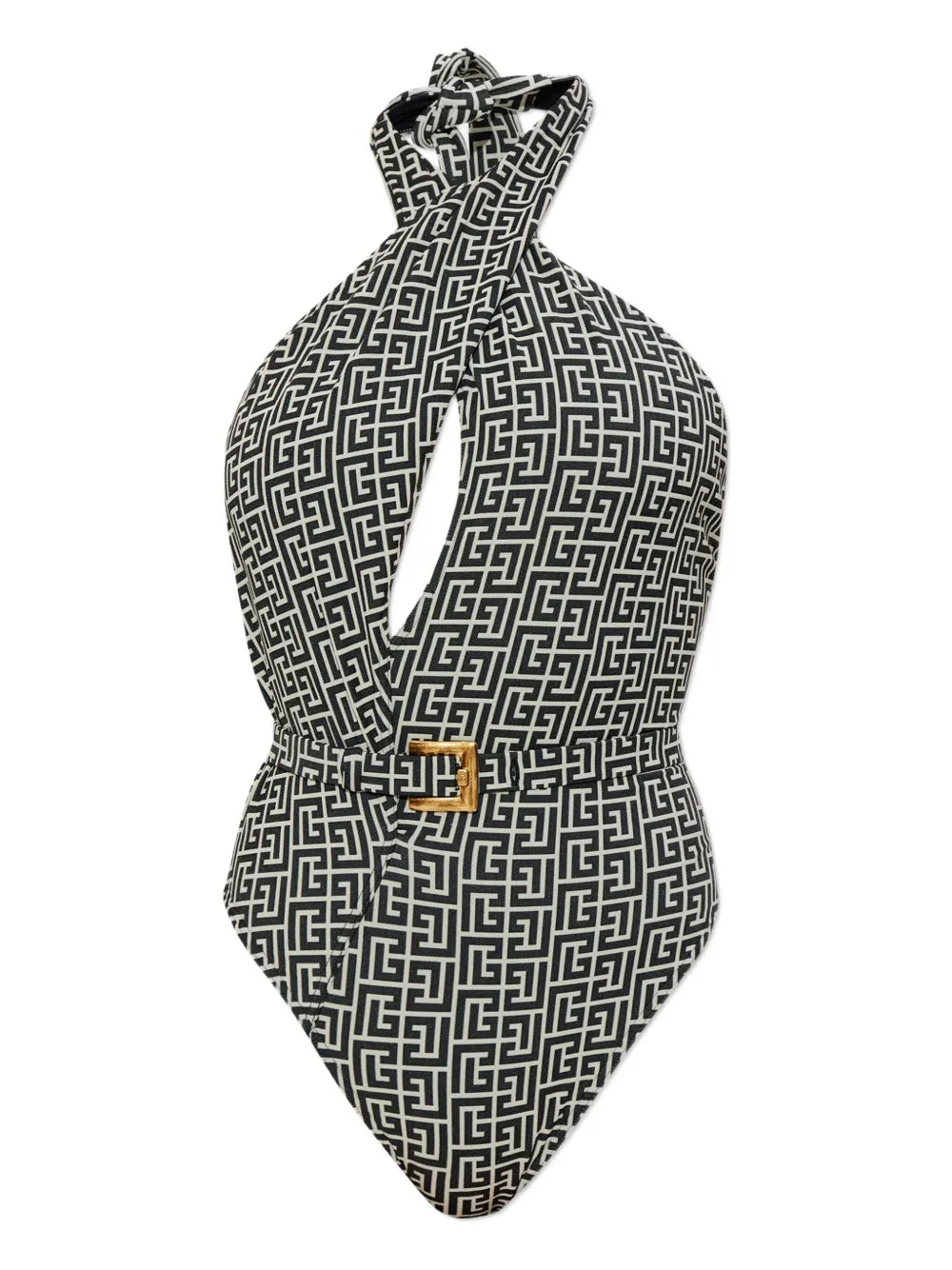 Balmain Geometric-Jacquard One-Piece Swimsuit — Black