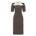 Elegant Midi Dress With Contrast Bow Collar - Taupe