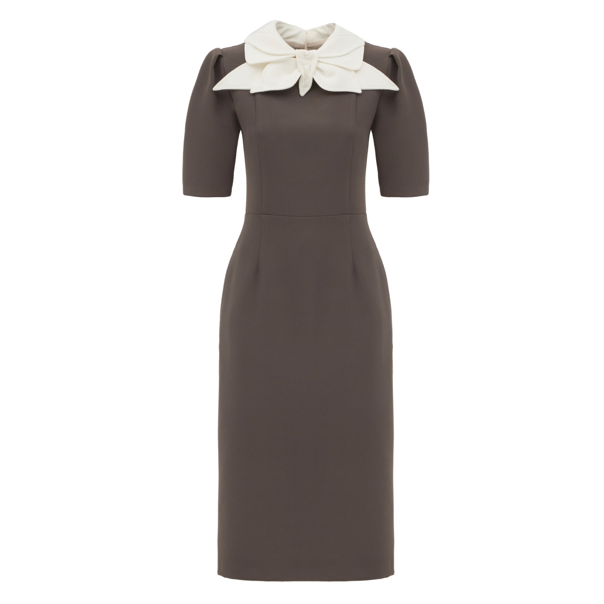 Elegant Midi Dress With Contrast Bow Collar - Taupe