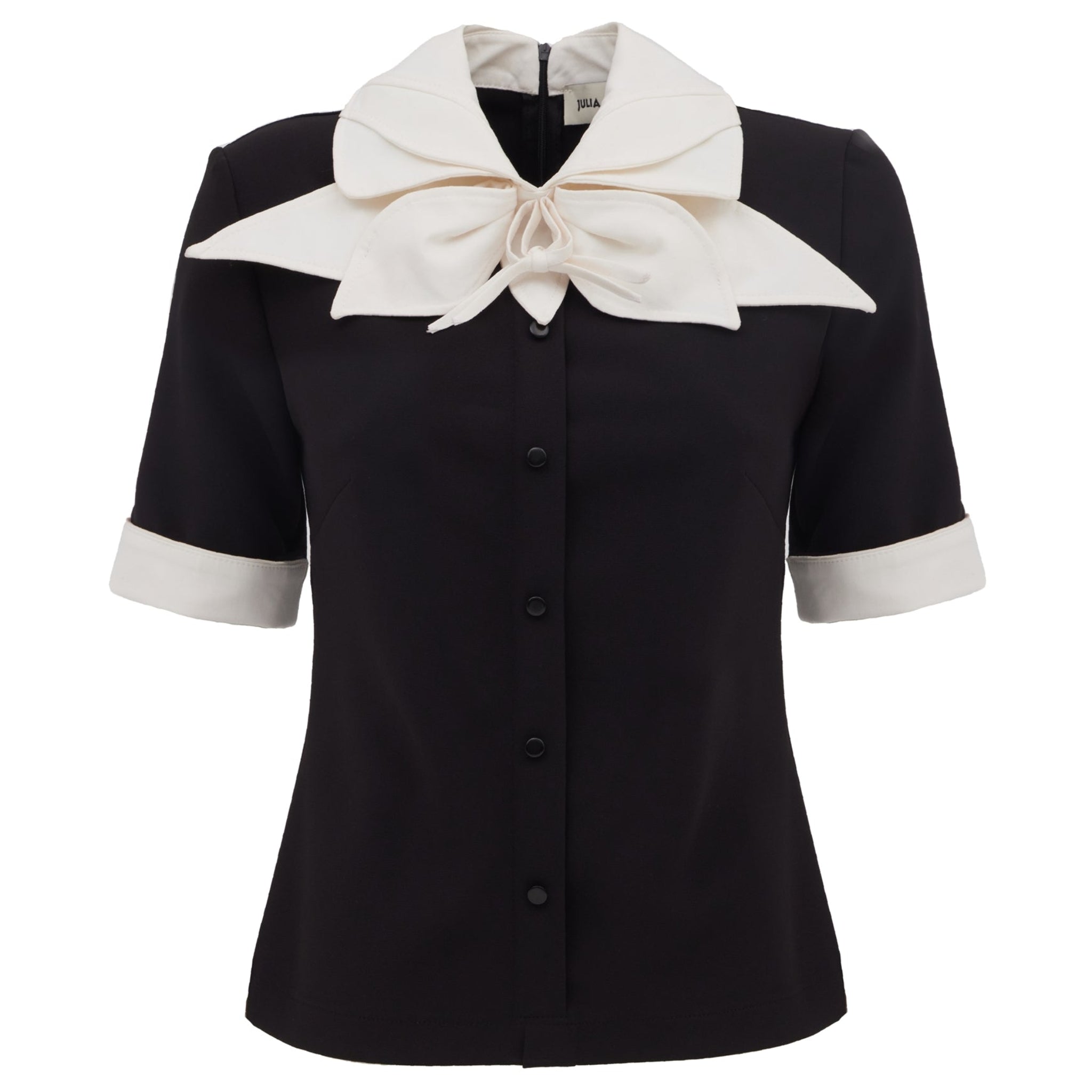Short Sleeve Formal Bow Blouse - Black