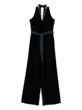 Peserico Belted Wide-Leg Velvet Jumpsuit — Black