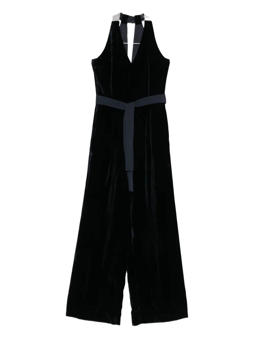 Peserico Belted Wide-Leg Velvet Jumpsuit — Black