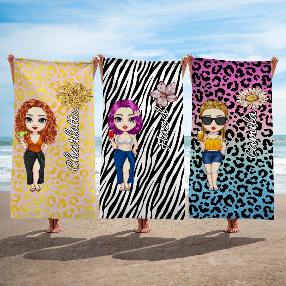 Personalized Cartoon Character Birth Flower Leopard Zebra Print Oversized Beach Towel with Name Quick Dry Travel Essentials Birthday Gift for Women