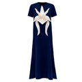 Ankle-Length Knit Dress With Flower Detail - Dark Blue