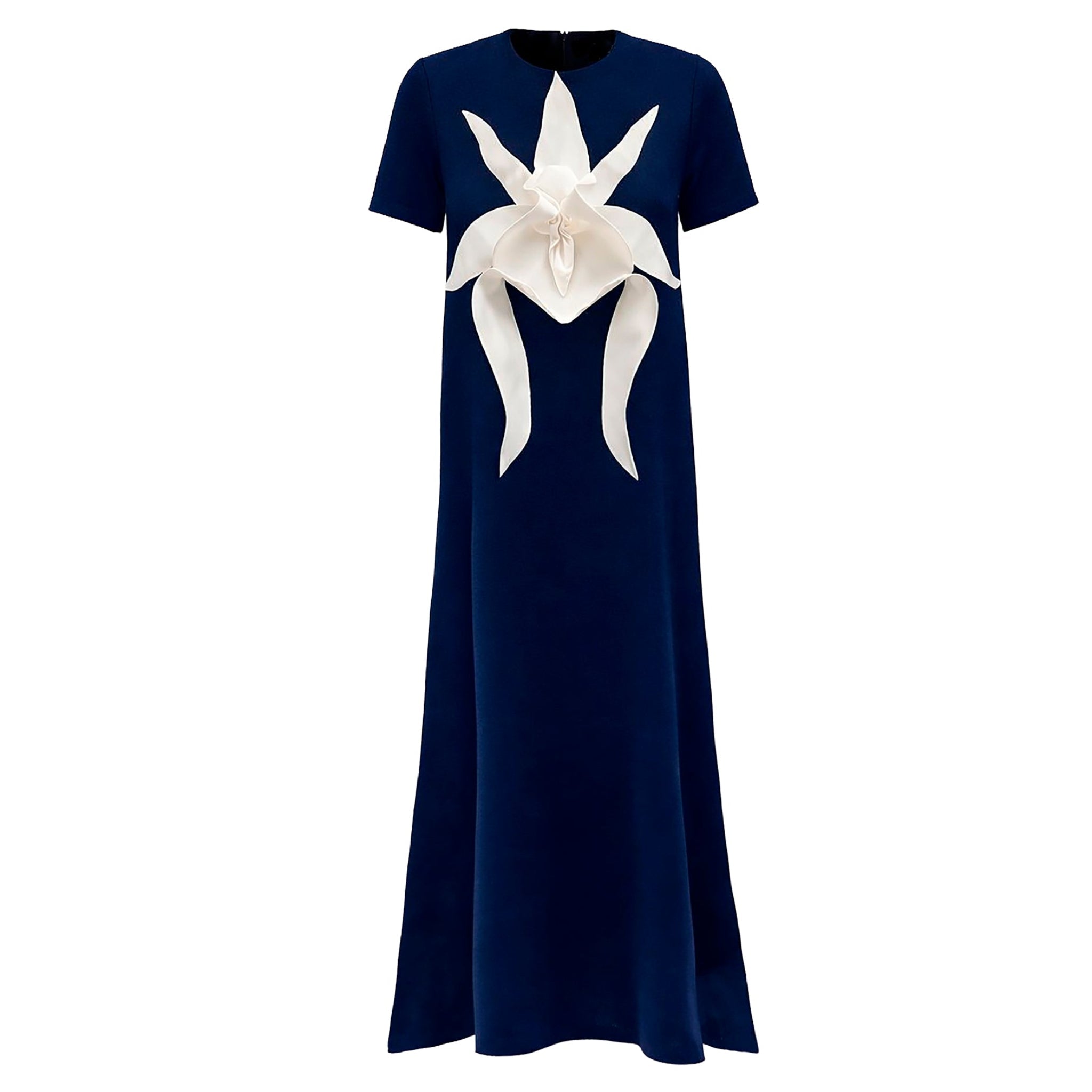 Ankle-Length Knit Dress With Flower Detail - Dark Blue