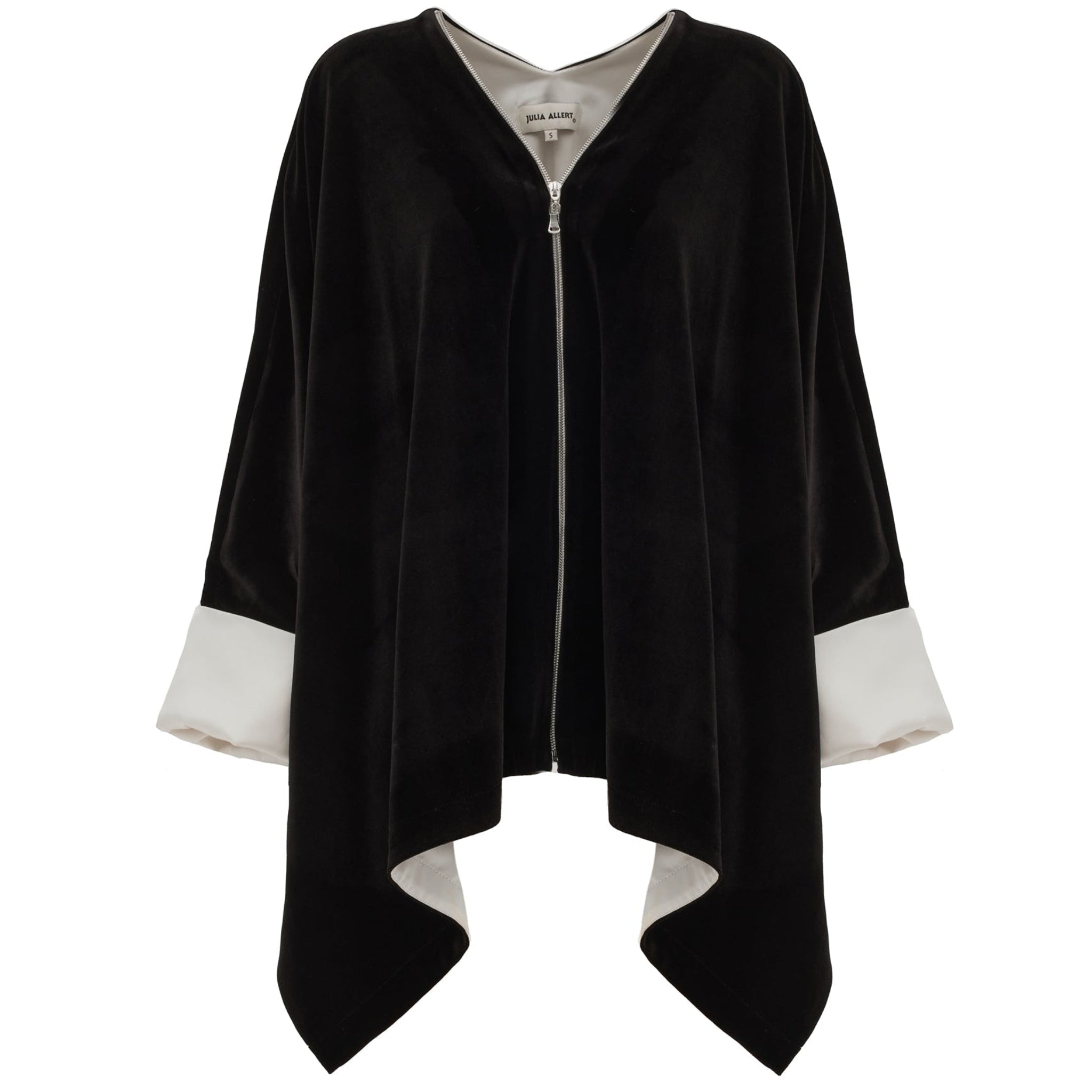 Loose Velvet Cape Jacket With Zip Front - Black