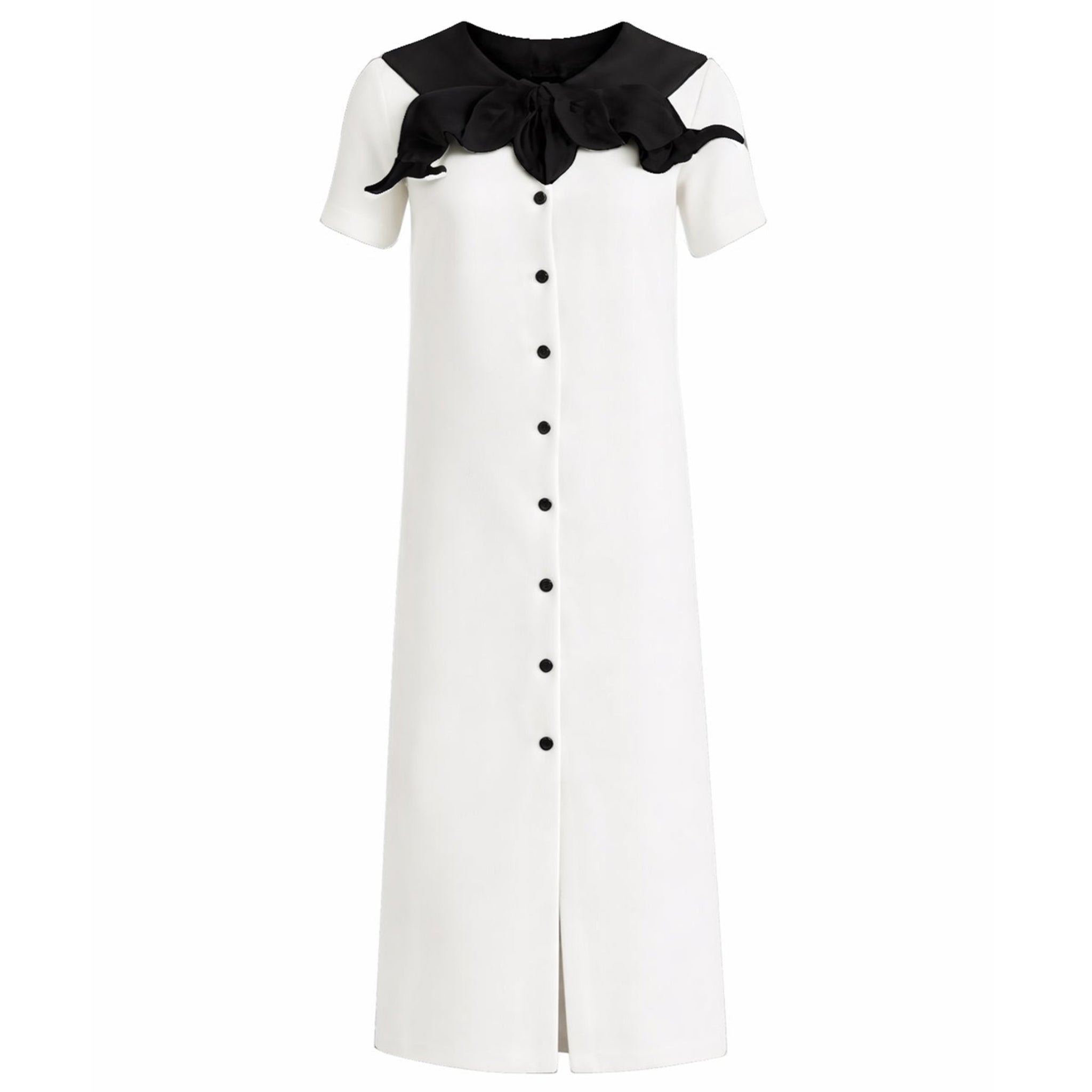 Straight Midi Shirt Dress With Adjustable Collar - White