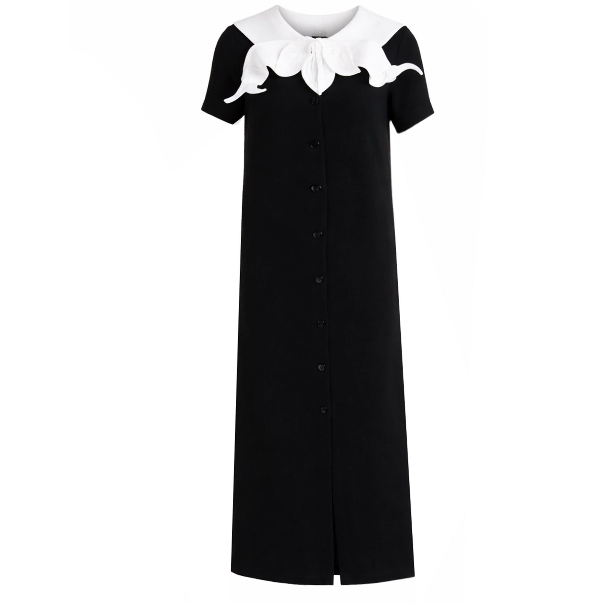 Straight Midi Shirt Dress With Adjustable Collar - Black