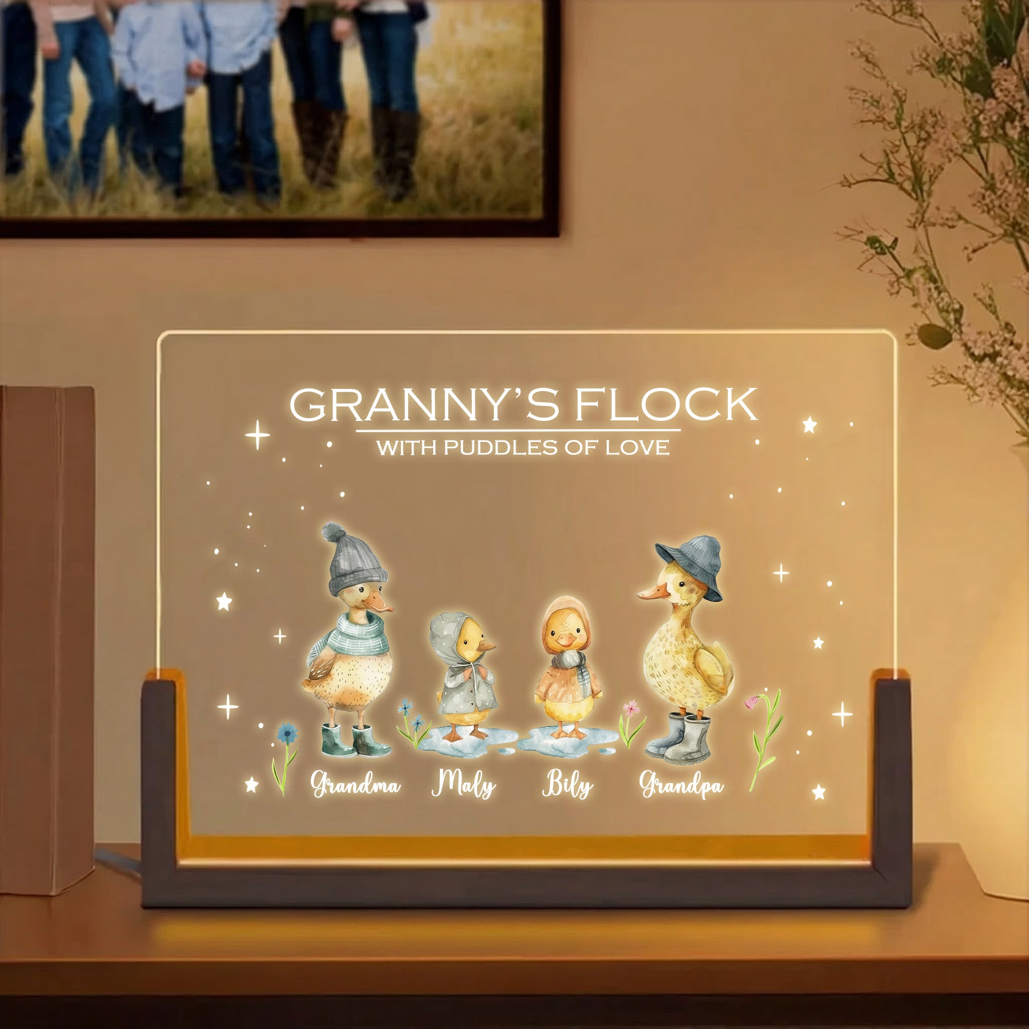 Personalizado lindo pato familia LED luz de la noche con los nombres y la base de madera decoración del hogar Día de la Madre regalo de cumpleaños para la familia mamá abuelo