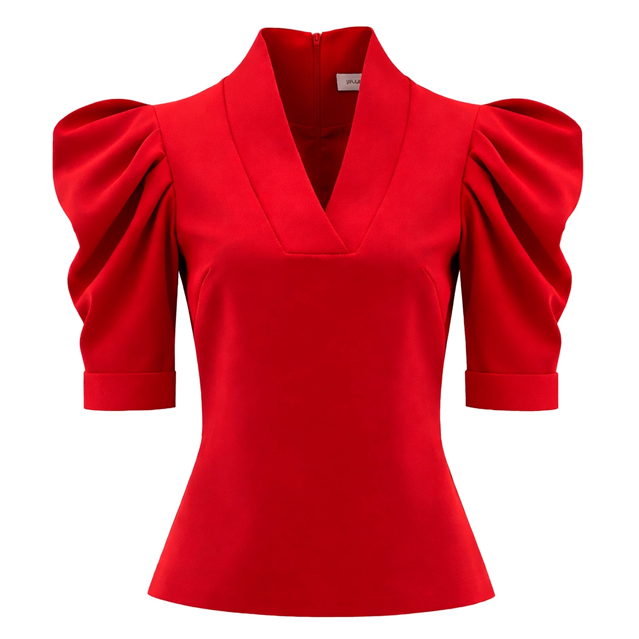 V-Neck Puff Sleeve Top - Red