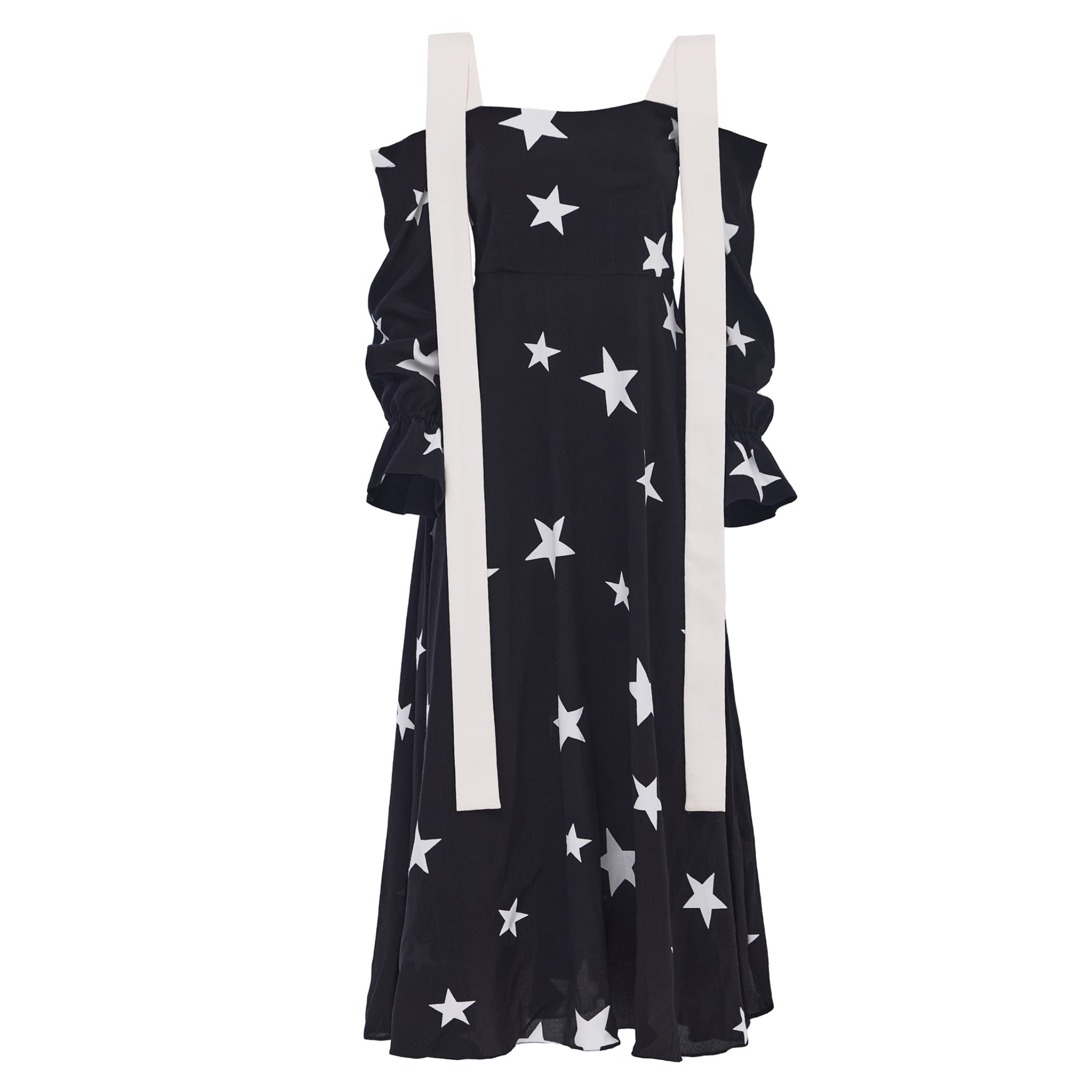 Off-Shoulder Midi Dress With Contrast Straps - Black Print Stars