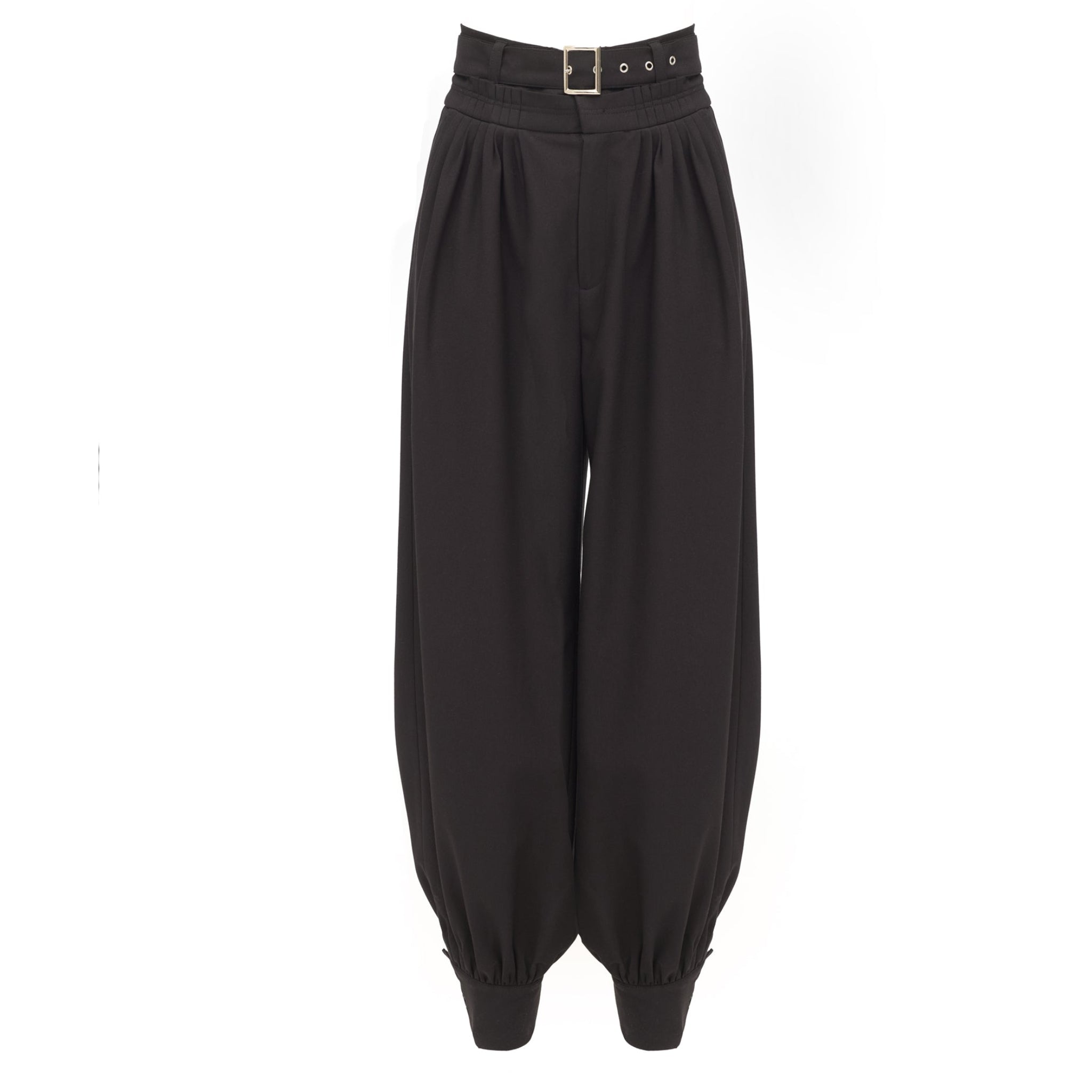 Belted High-Waist Balloon-Leg Pants - Black