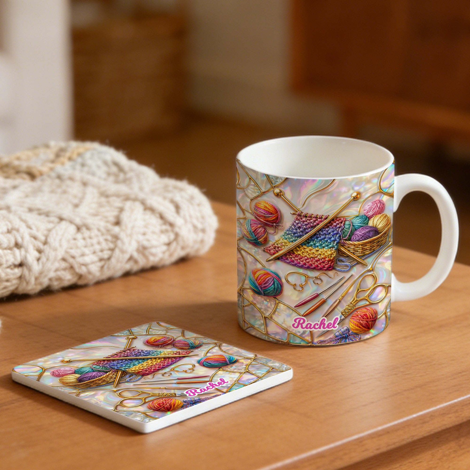 Taza de cerámica personalizada con nombre y posavasos para el Día de la Madre Regalo de cumpleaños para mujeres amantes del punto