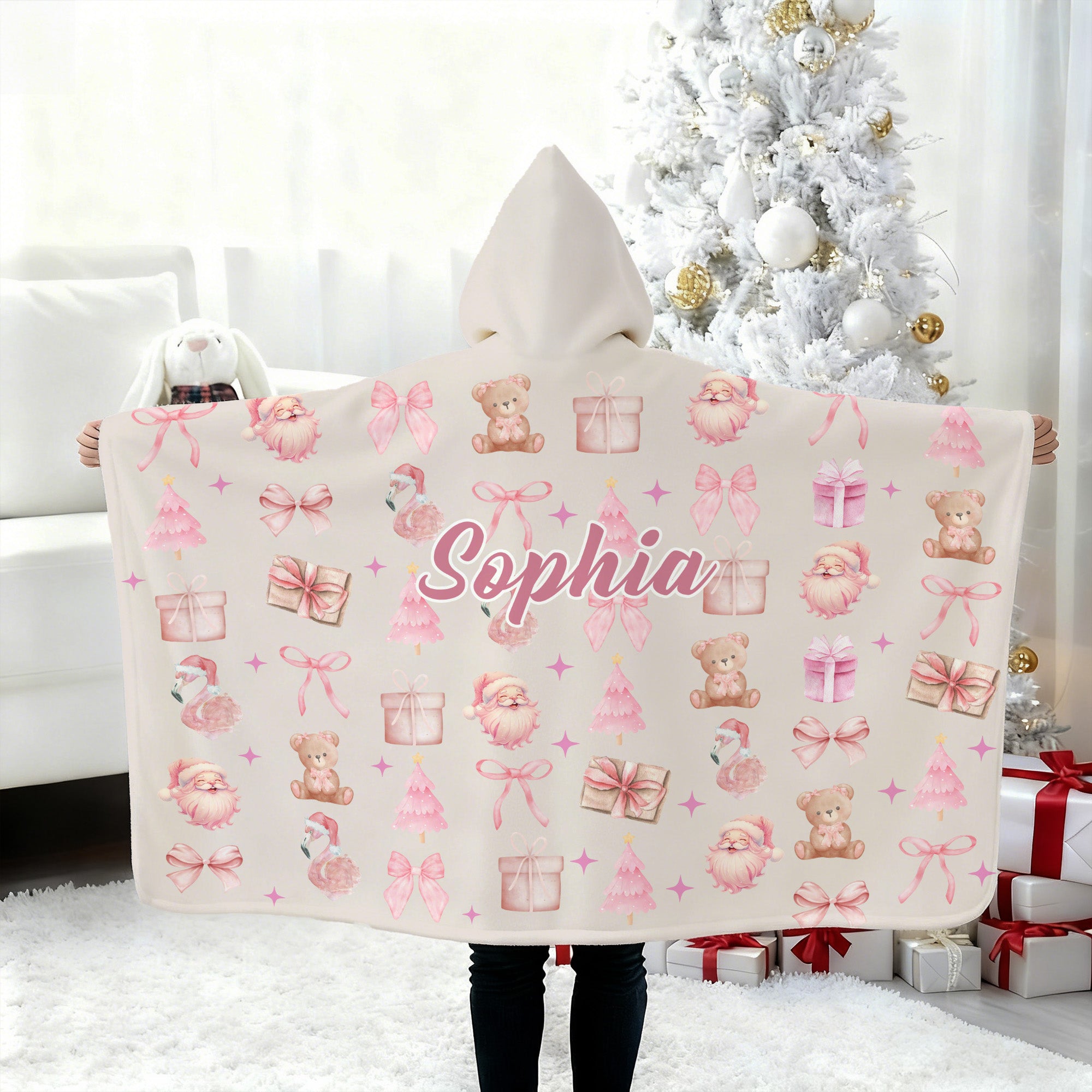 Manta con Capucha Personalizada Estilo Navideño Rosa Suave con Nombre Decoración del Hogar Regalo de Navidad para Niñas Amigas