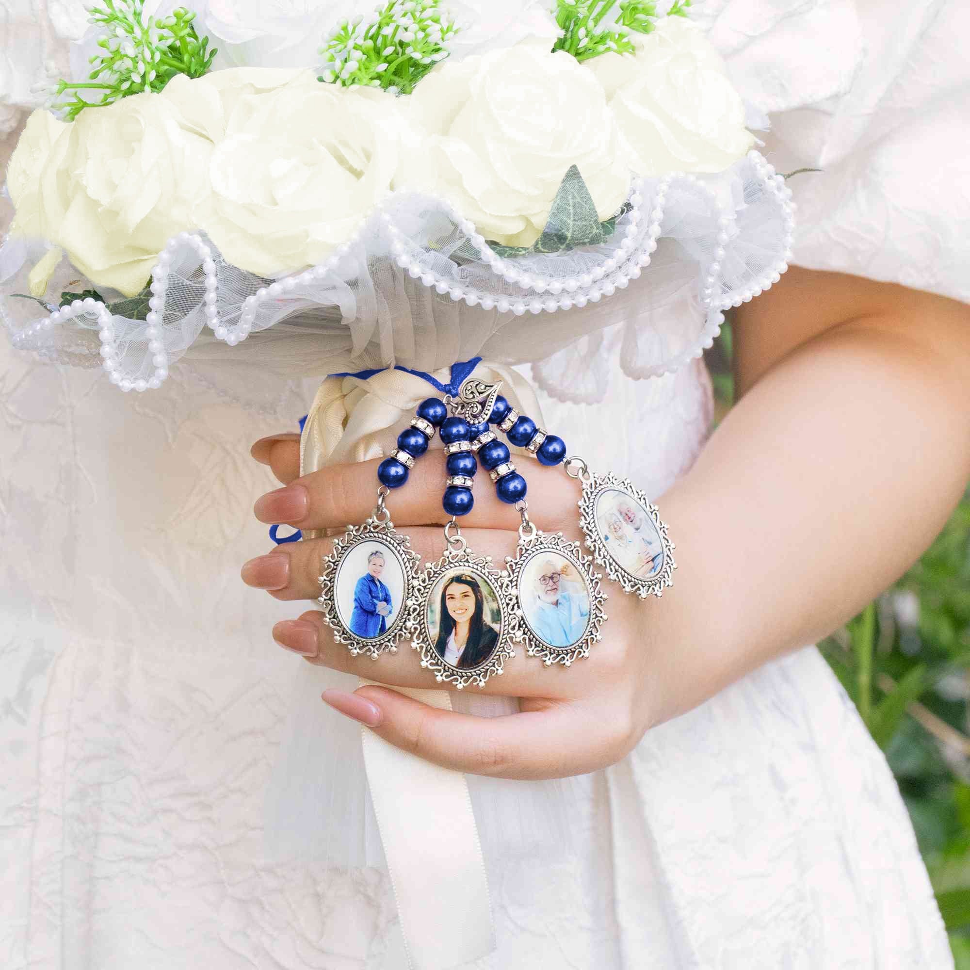 Personalizada Multicolor Cinta Vintage Ovalada Foto Ramo Charm con cuentas y colgante de corazón Compromiso Boda Regalo para Novia Pareja
