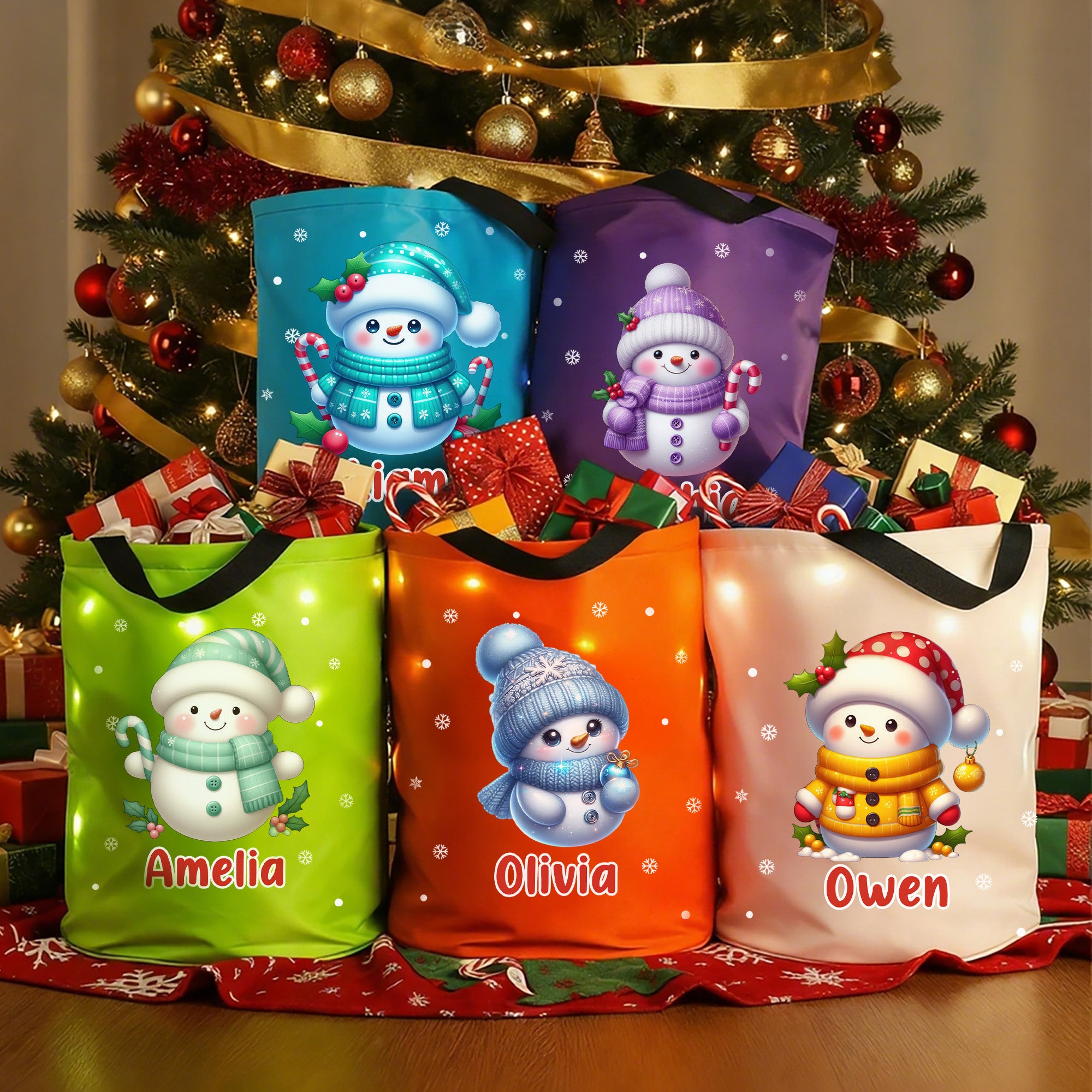 Personalizado lindo muñeco de nieve de dibujos animados de luz LED Bolsa de cubo con el nombre de vacaciones de almacenamiento de decoración de Navidad de regalo para los niños amigos de la familia