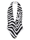 Balmain Zebra-Print Halterneck Swimsuit — White