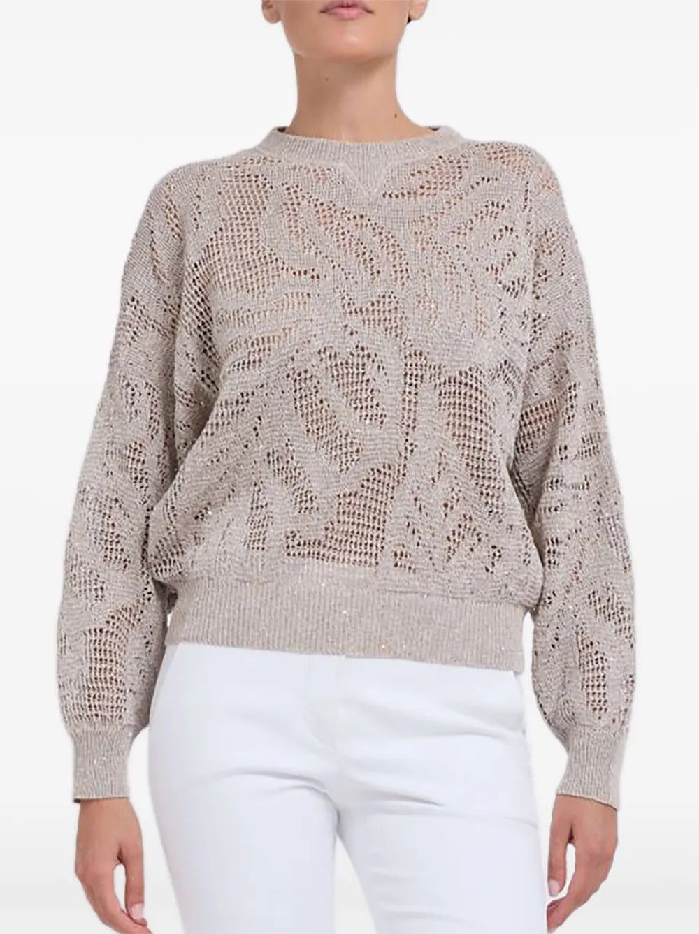 Brunello Cucinelli Open-Knit with Sequin Embellishment Sweater — Beige