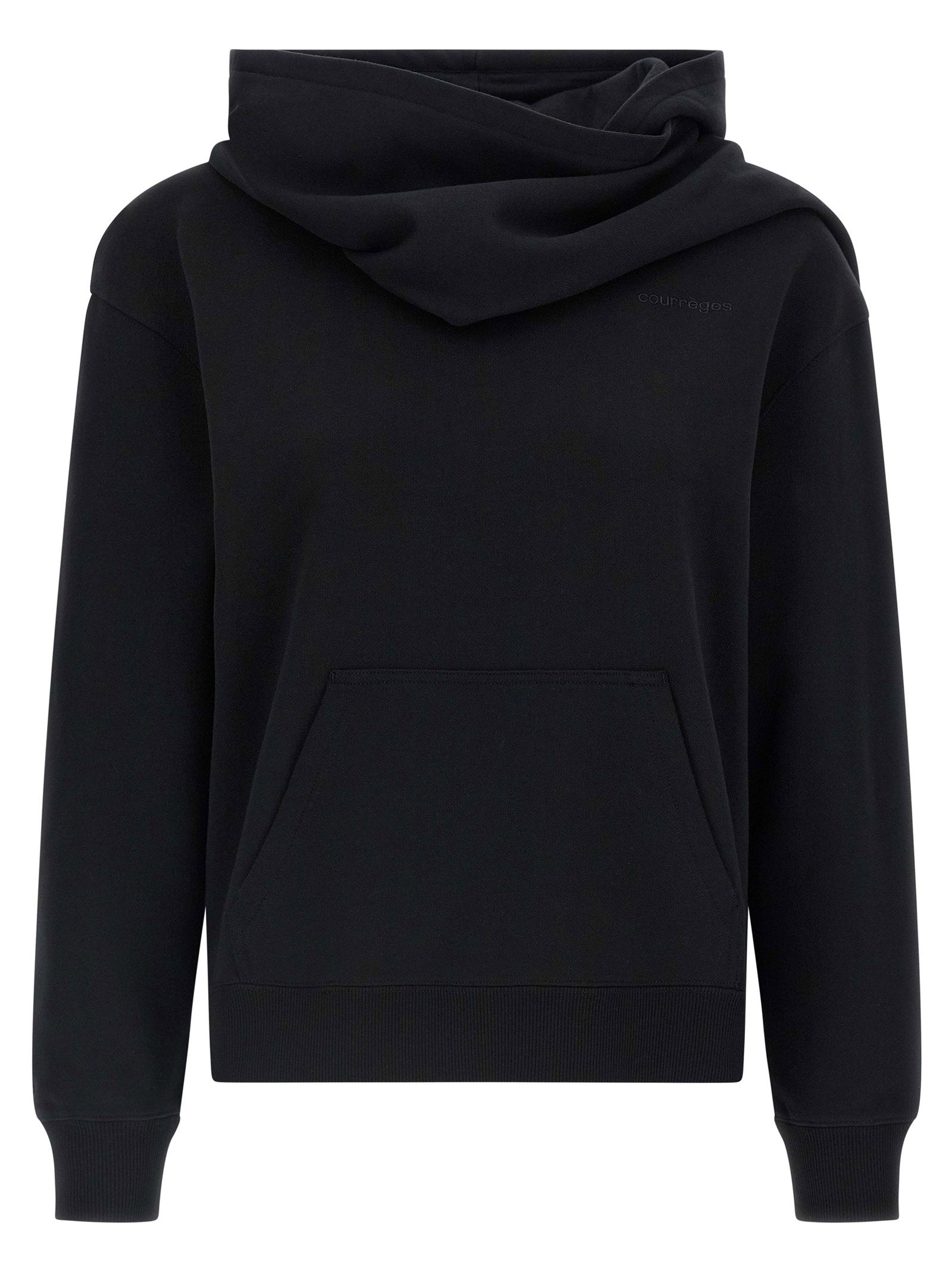 Courreges Brushed Cotton with Tone-on-Tone Embroidery Hoodie — Black