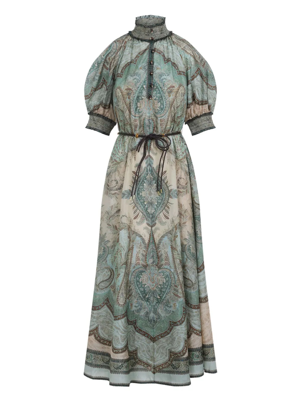 Zimmermann High-Neck Paisley Silk Dress — Teal