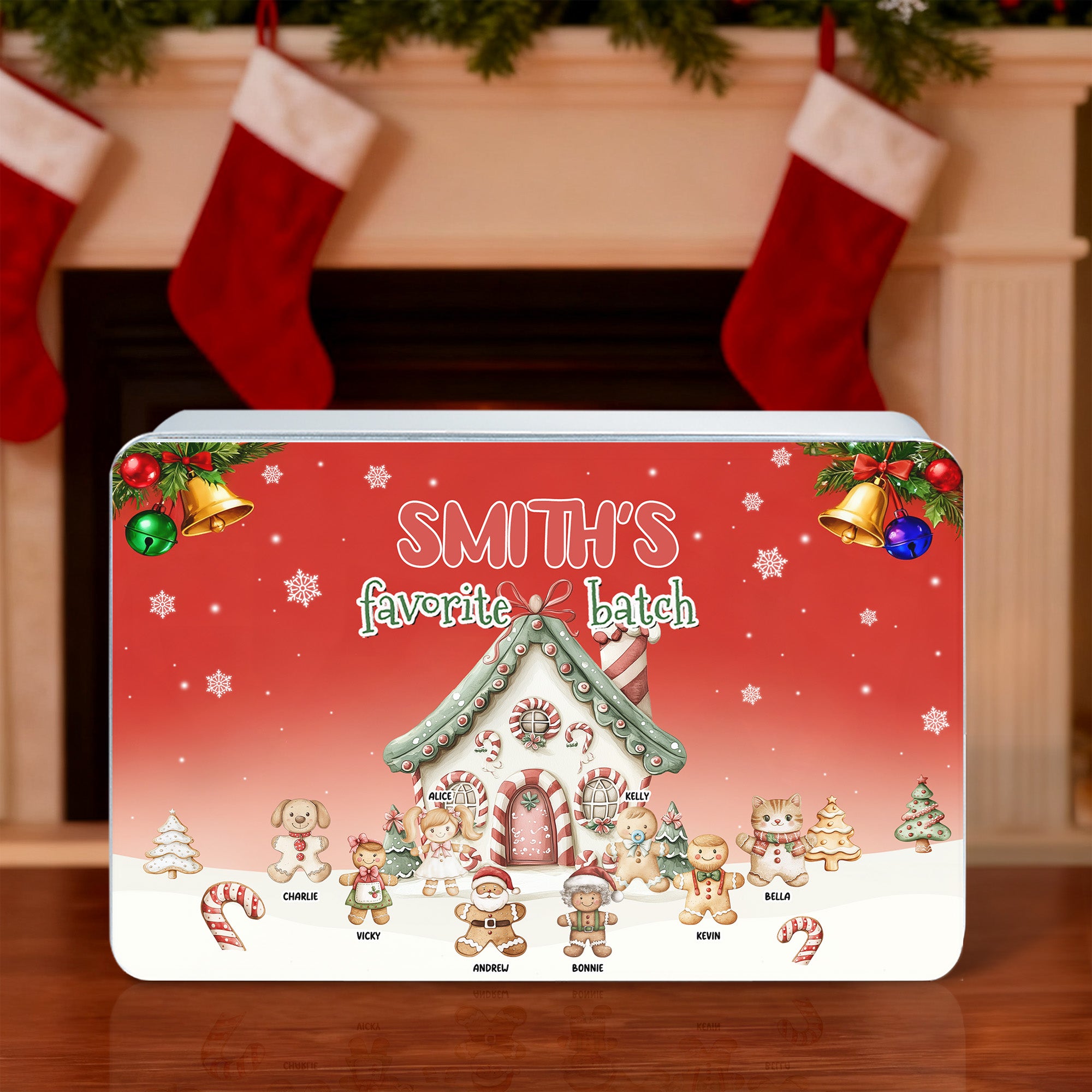 Personalizado 1-8 Gingerbread Men House Pattern Biscuit Tin Storage Box con el título del texto y los nombres de regalo de Navidad para Niños Familia Amigos