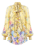 Camilla Floral Silk Pussy-Bow Blouse — Yellow