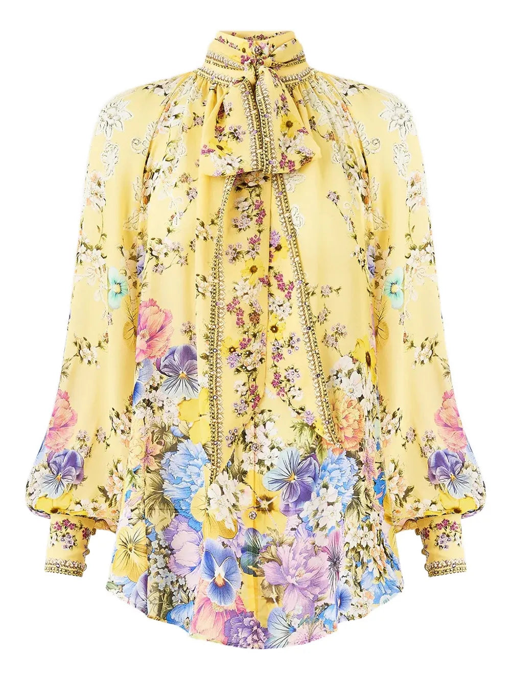 Camilla Floral Silk Pussy-Bow Blouse — Yellow