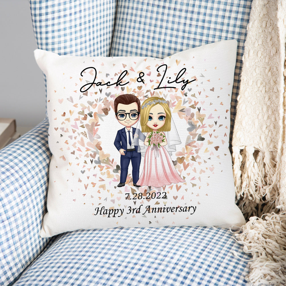 Novios personalizados de dibujos animados Corazón Suave Funda de Almohada con Nombre y Fecha de Boda Decoración de Boda Regalo de Aniversario para Pareja
