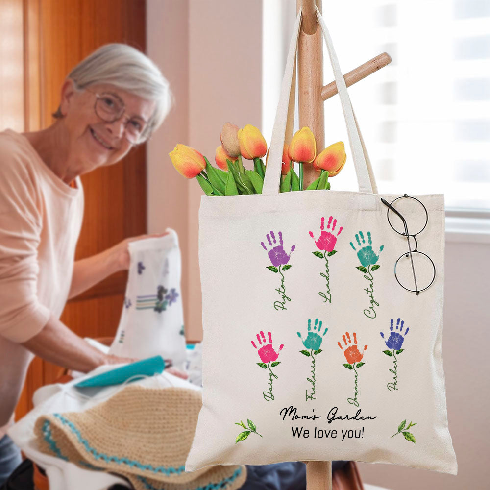 Bolsa de lona personalizada con los nombres de los niños de 1 a 12 y el subtítulo Regalo de cumpleaños del Día de la Madre para la abuela y la madre