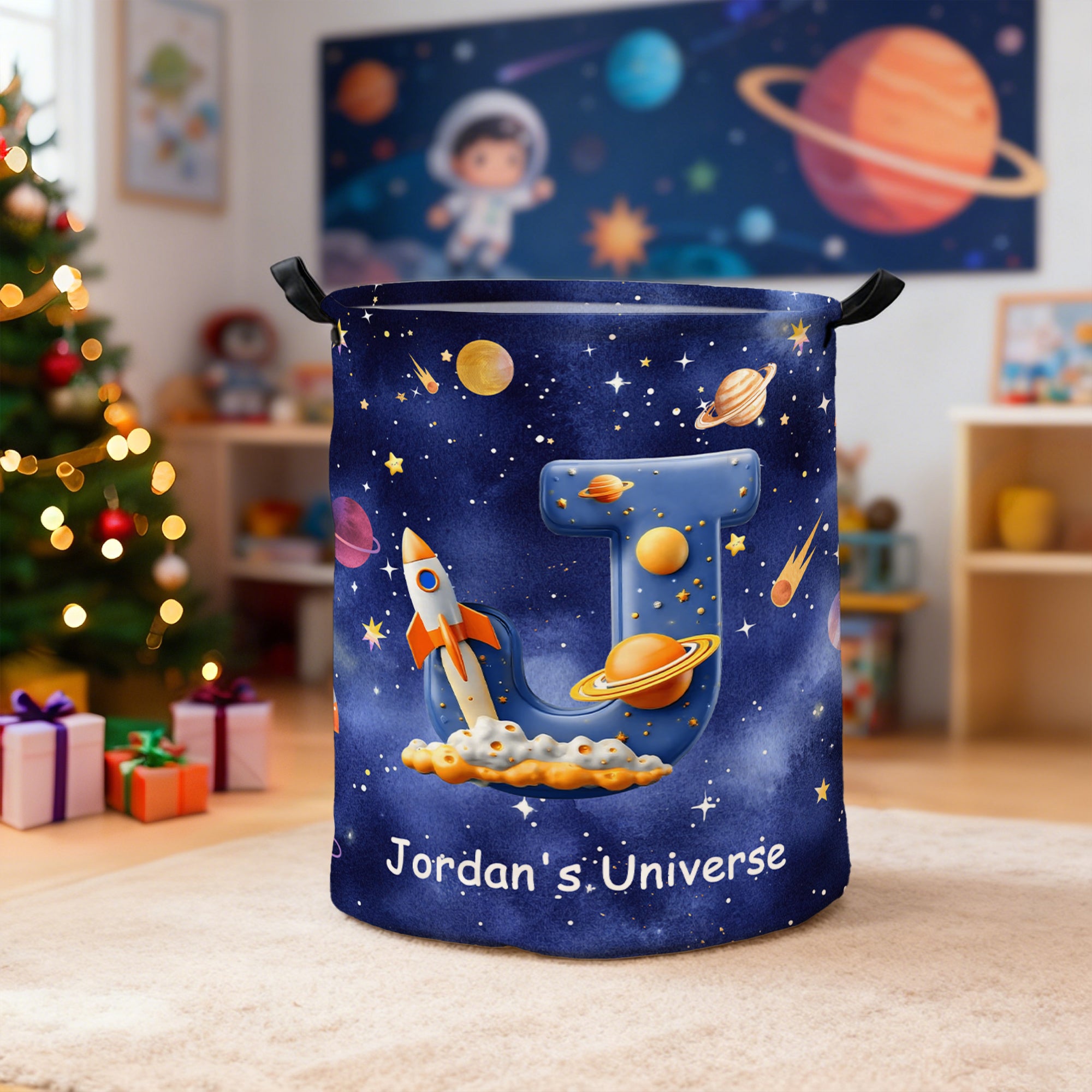 Cesto de la Ropa Personalizado Planeta Universo Nebulosa Estrella Impermeable con Asa Inicial y Texto Regalo de Cumpleaños de Navidad para Niños