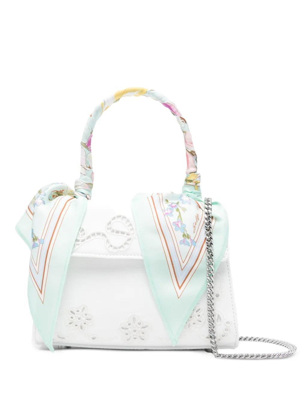 Self-Portrait Floral Linen Top Handle Mini Bag — White