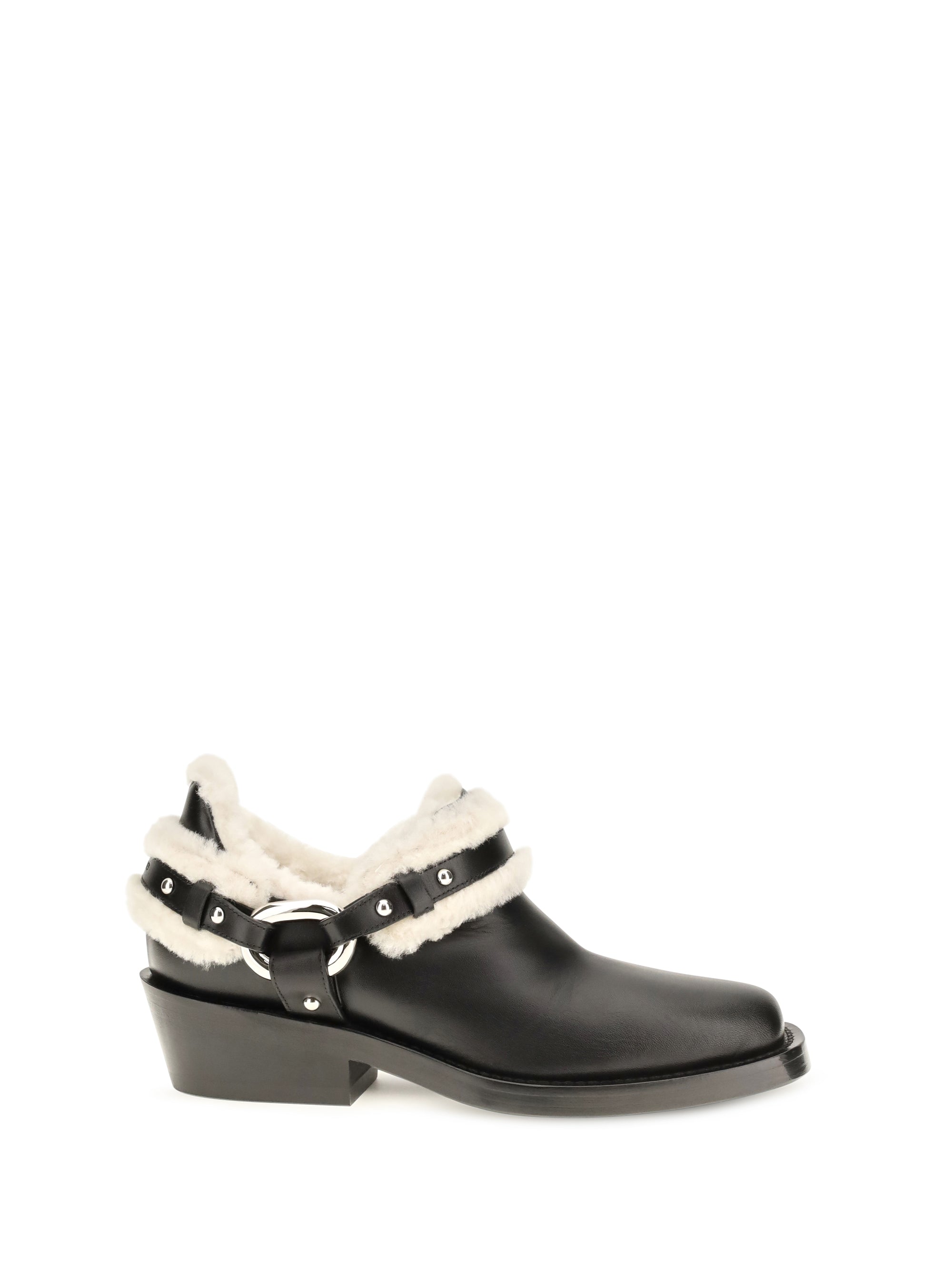 Rabanne Shearling-Trimmed Leather Harness Ankle Boot — Black