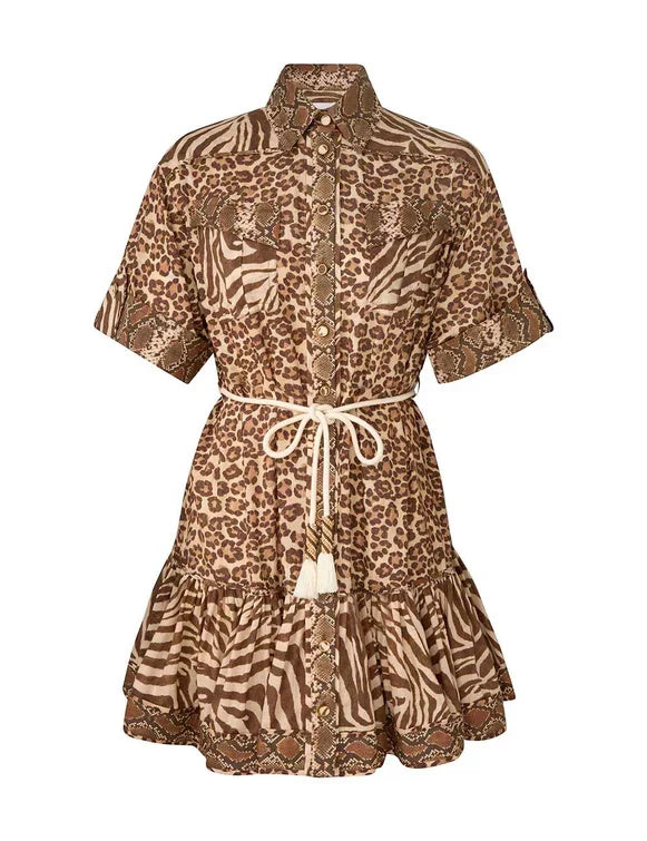 Zimmermann Animal-Print Ruffled Mini Dress — Brown