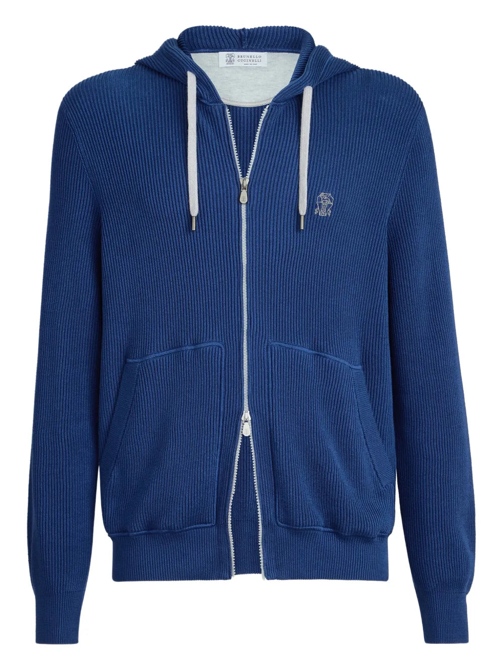 Brunello Cucinelli Ribbed-Knit Hoodie — Navy