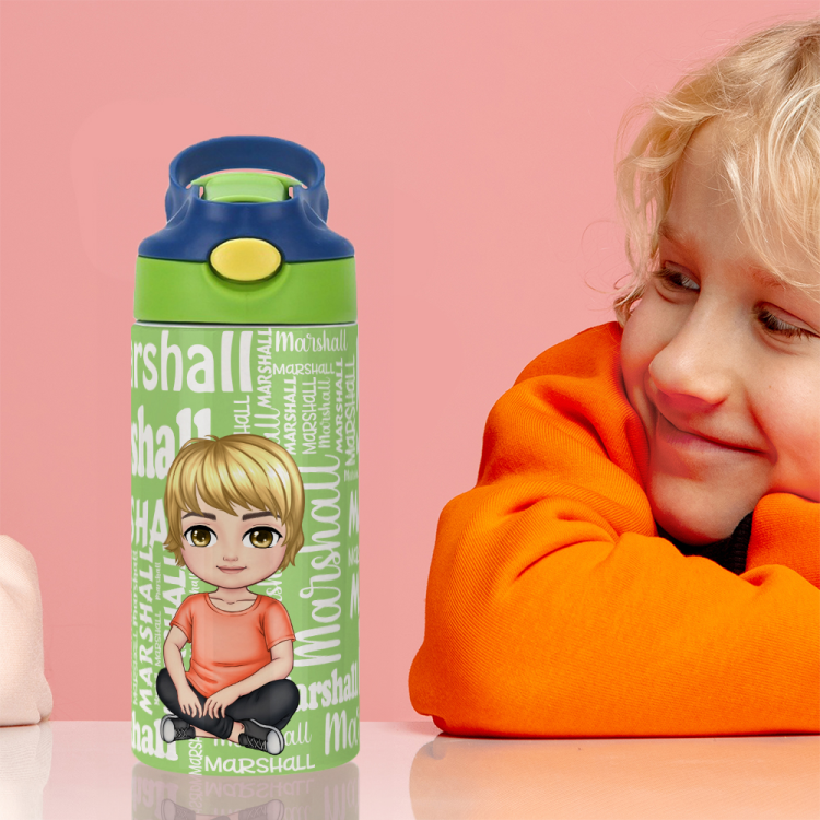 Botella de agua aislante para niños de 12 oz con asa y pajita de silicona personalizada con el nombre de un personaje de dibujos animados en forma de nube de palabras Regalo de vuelta al cole para niñ