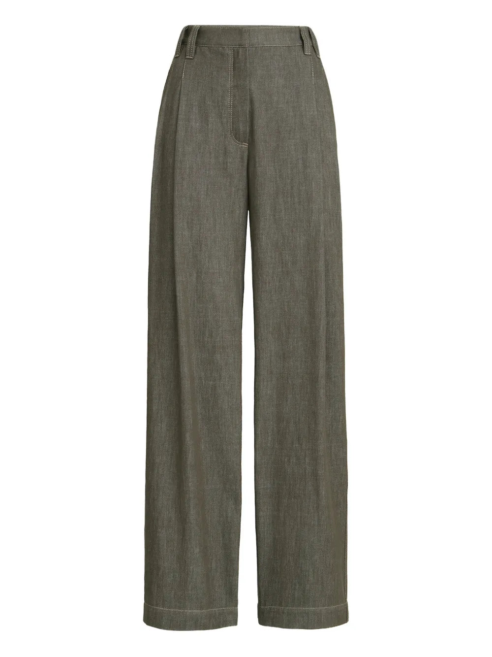 Brunello Cucinelli Denim-Effect Pleated Trousers — Olive