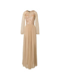 Fabiana Filippi Sequin Lace Long-Sleeve Pleated Dress — Beige