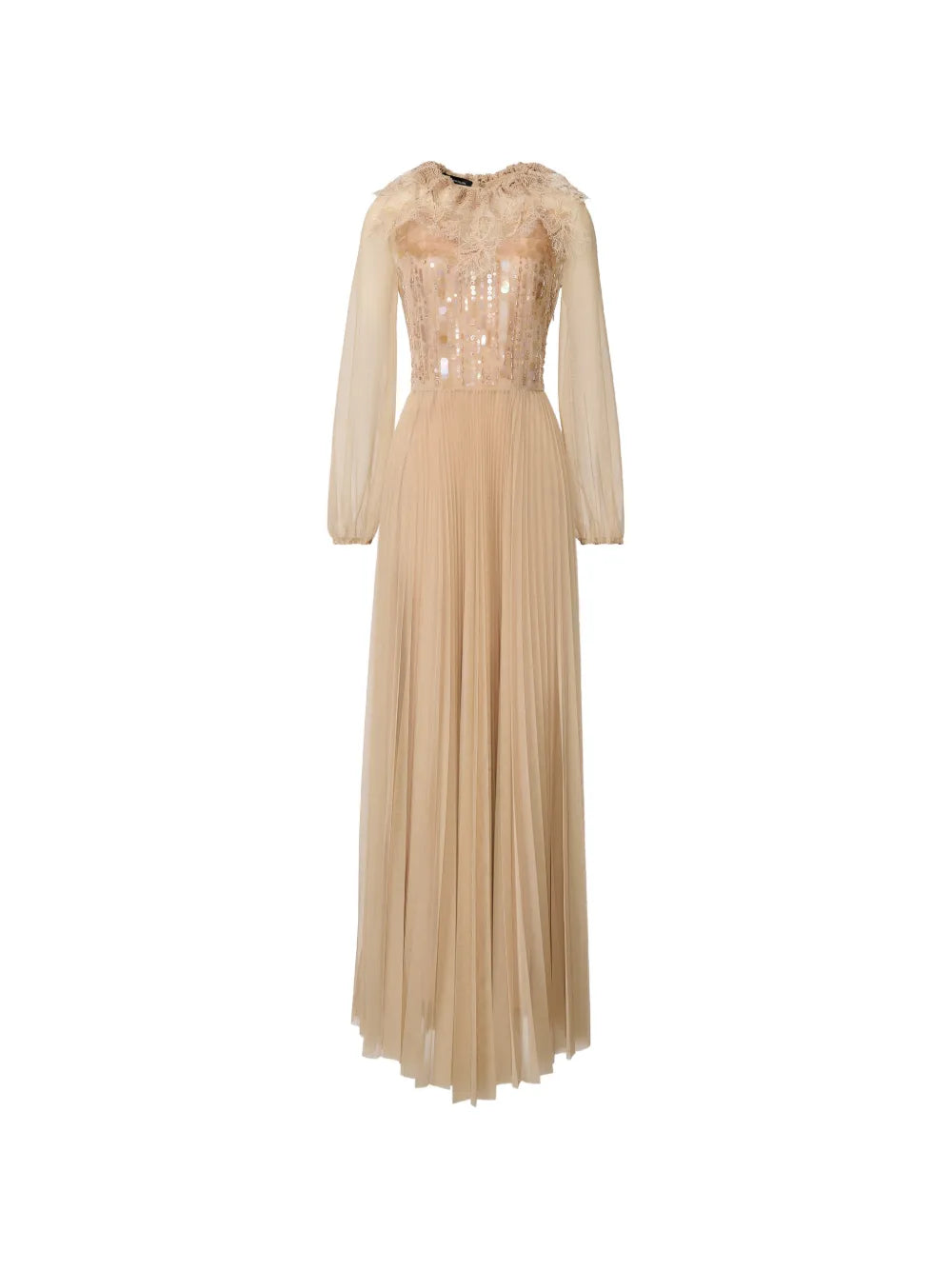 Fabiana Filippi Sequin Lace Long-Sleeve Pleated Dress — Beige