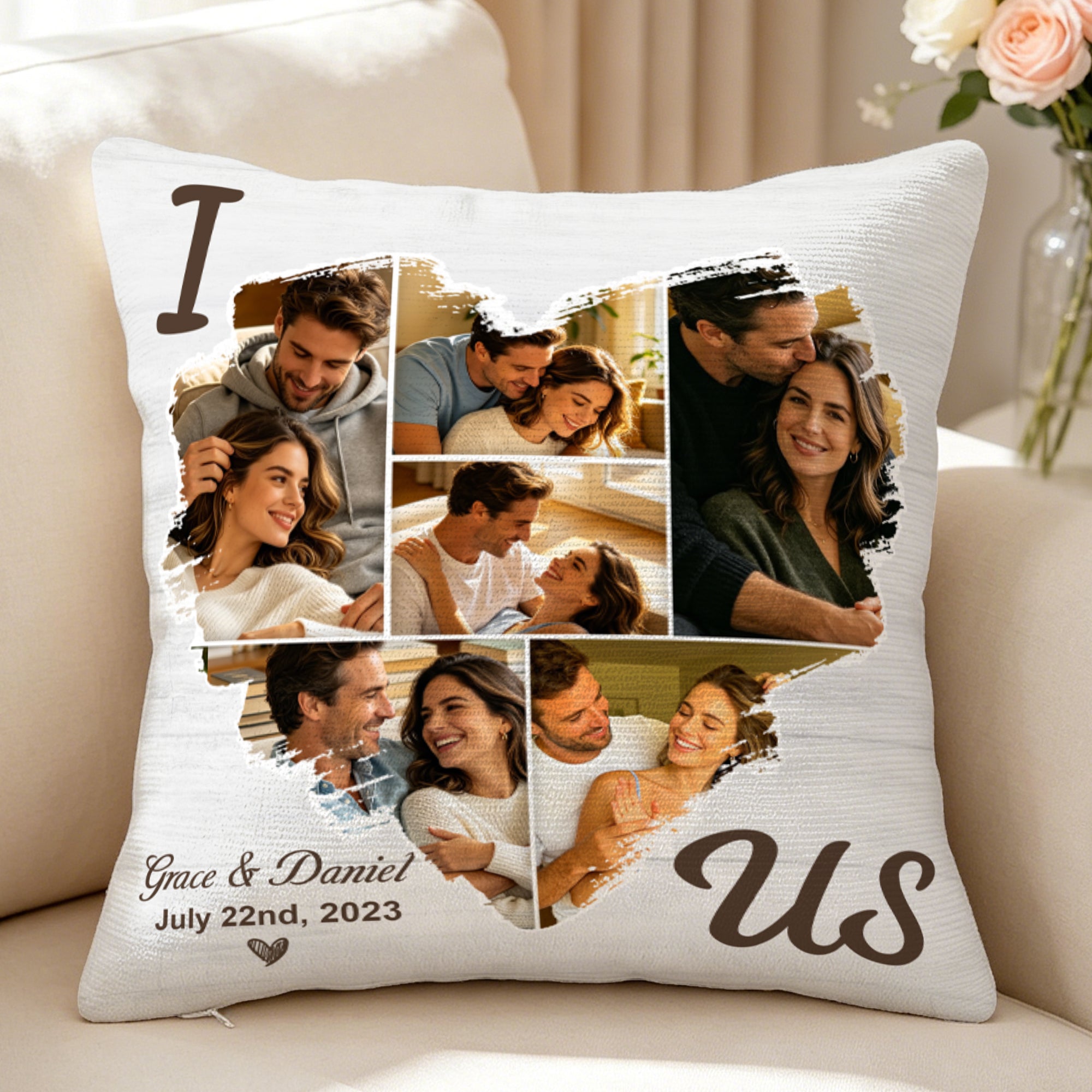 Corazón Personalizado Fotos de Pareja Funda de Almohada con Nombre y Fecha Decoración del Hogar Día de San Valentín Regalo de Aniversario para Parejas
