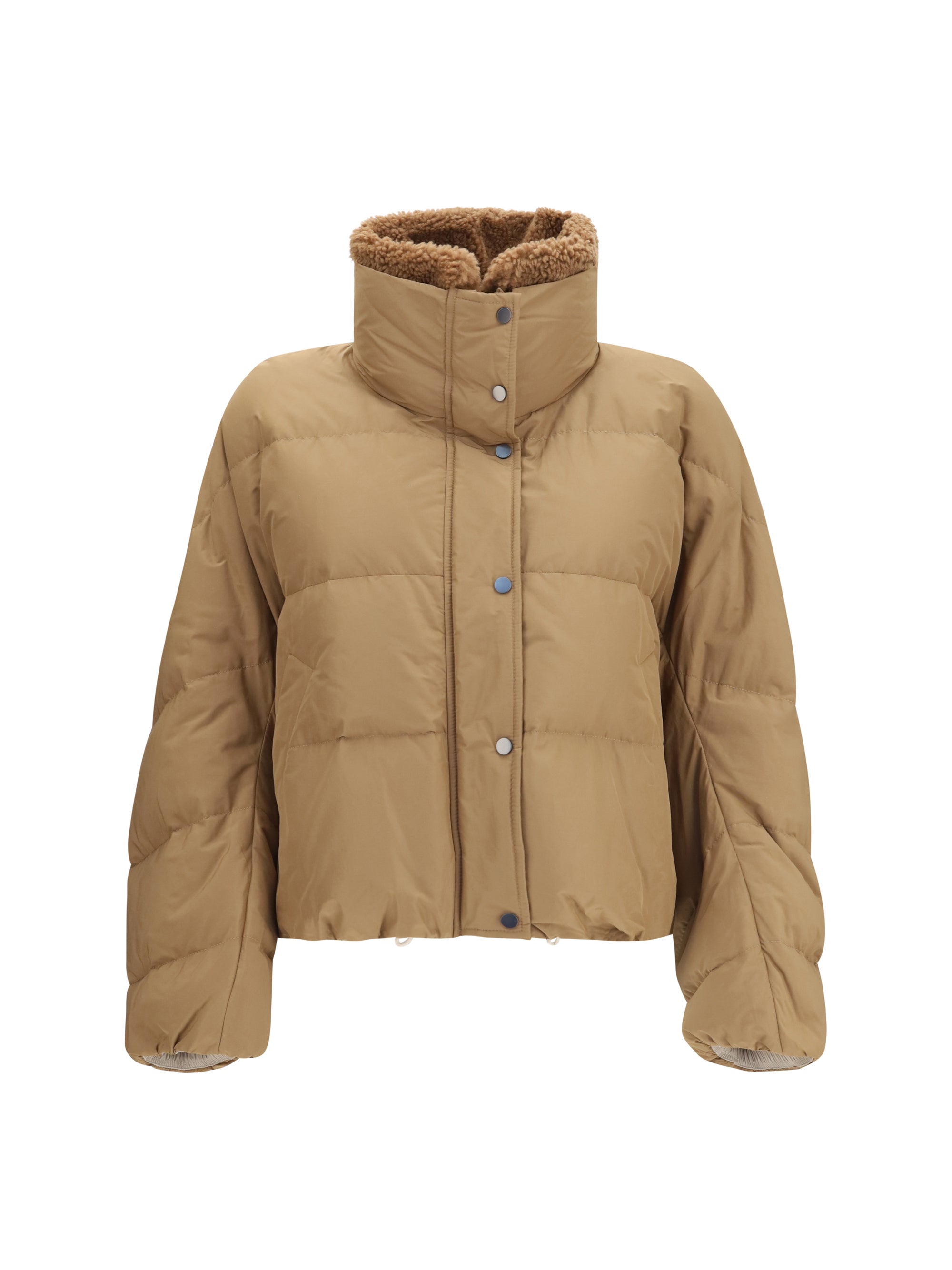 Brunello Cucinelli Shearling-Collar Padded Down Jacket — Beige