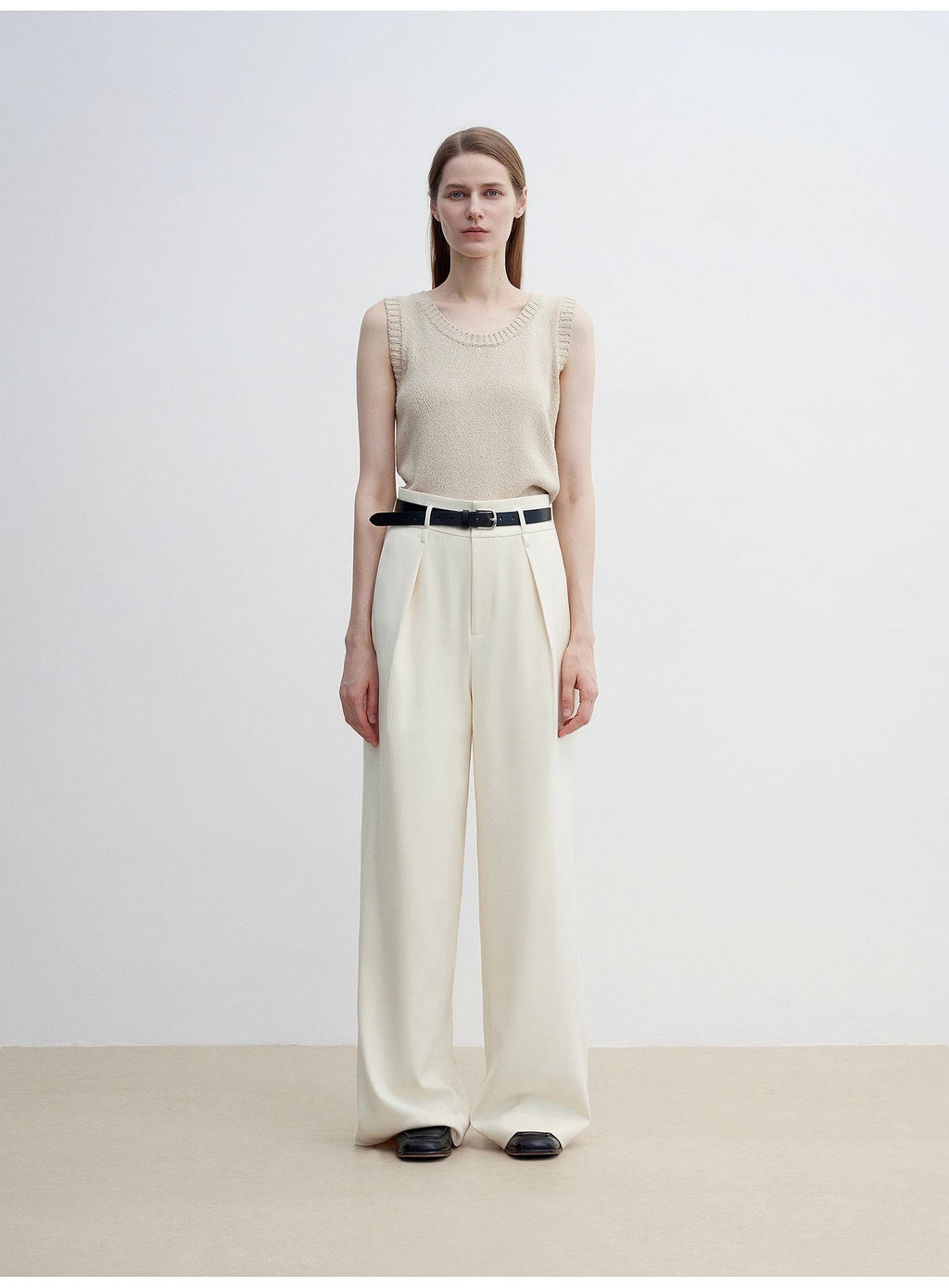 Women's white straight casual wide waist drape floor-length wide leg pants