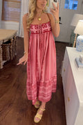 Crochet Top Printed Flowy Ruffle Maxi Cami Dress