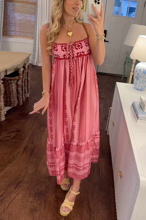 Crochet Top Printed Flowy Ruffle Maxi Cami Dress