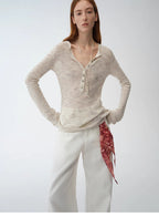 Perry Moonlight fashionable cotton and linen beaded fancy yarn waisted bell sleeves round neck cardigan knitted top
