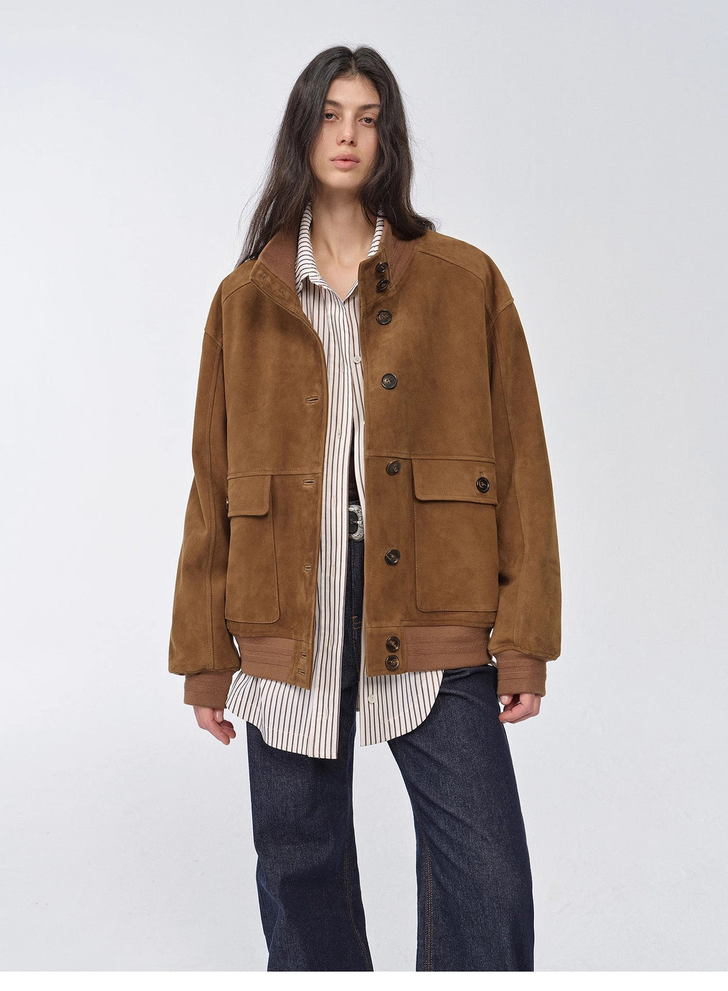 Spring Whisper Vintage imported suede sheepskin leather ribbed patchwork jacket