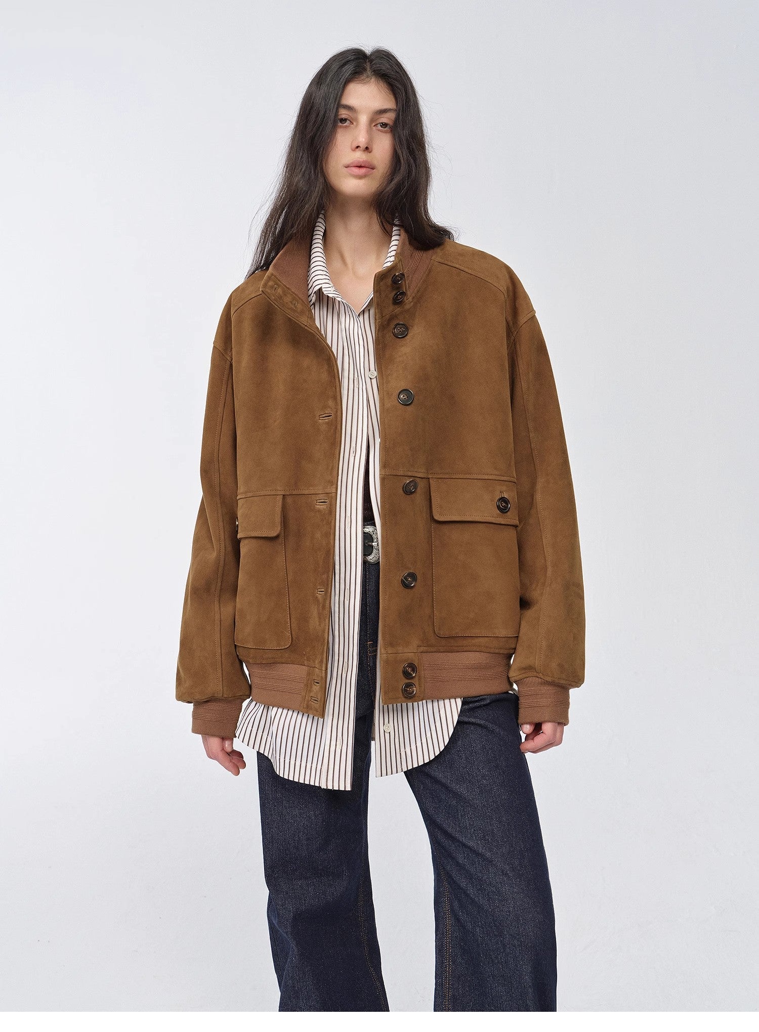 Spring Whisper Vintage imported suede sheepskin leather ribbed patchwork jacket