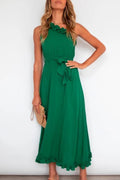 One Shoulder Sleeveless Tie Waist Ruffle Swing Dress