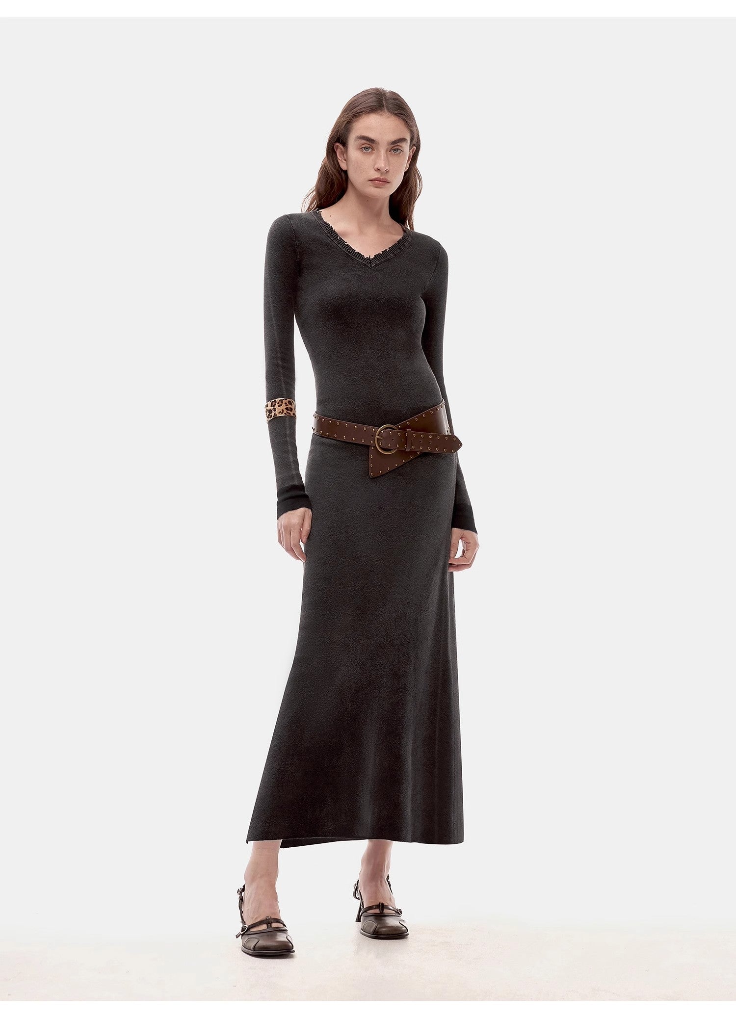 Kalle Morning fashionable fermented washed distressed raw edge V-neck waist dress for women