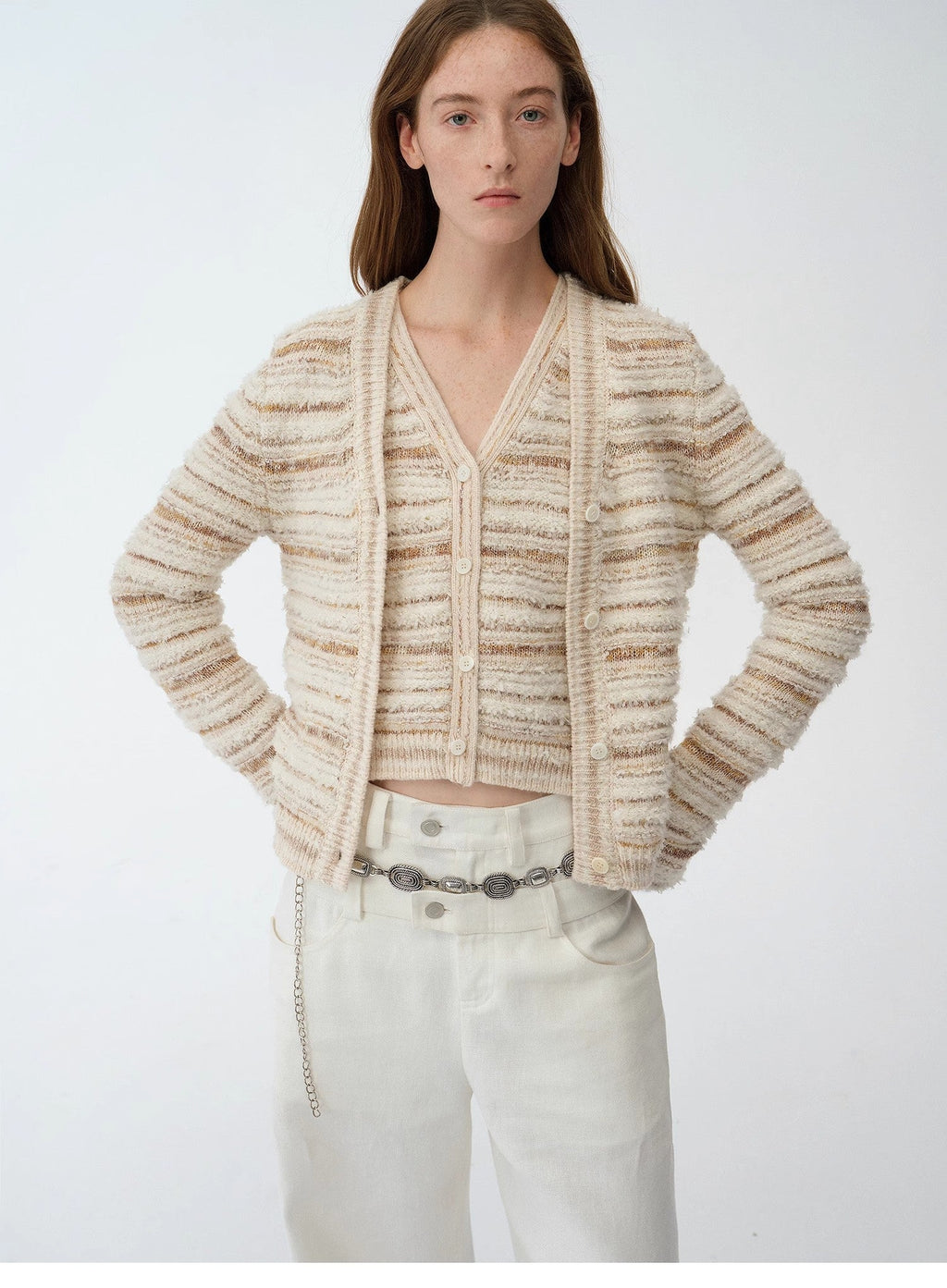 Nice Weekend striped mixed woven V-neck early spring layered knitted cardigan top/vest