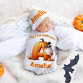 Set de pañuelo y gorro de nudo con nombre personalizado con iniciales de calabaza 100% algodón multicolor Regalo de Baby Shower de Halloween para recién nacidos